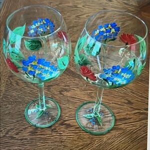 2 Hand painted floral TEXAS Bluebonnet wine glasses